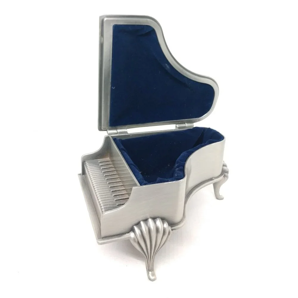 Metal Silver Piano Trinket Jewelry Mini Box Velvet